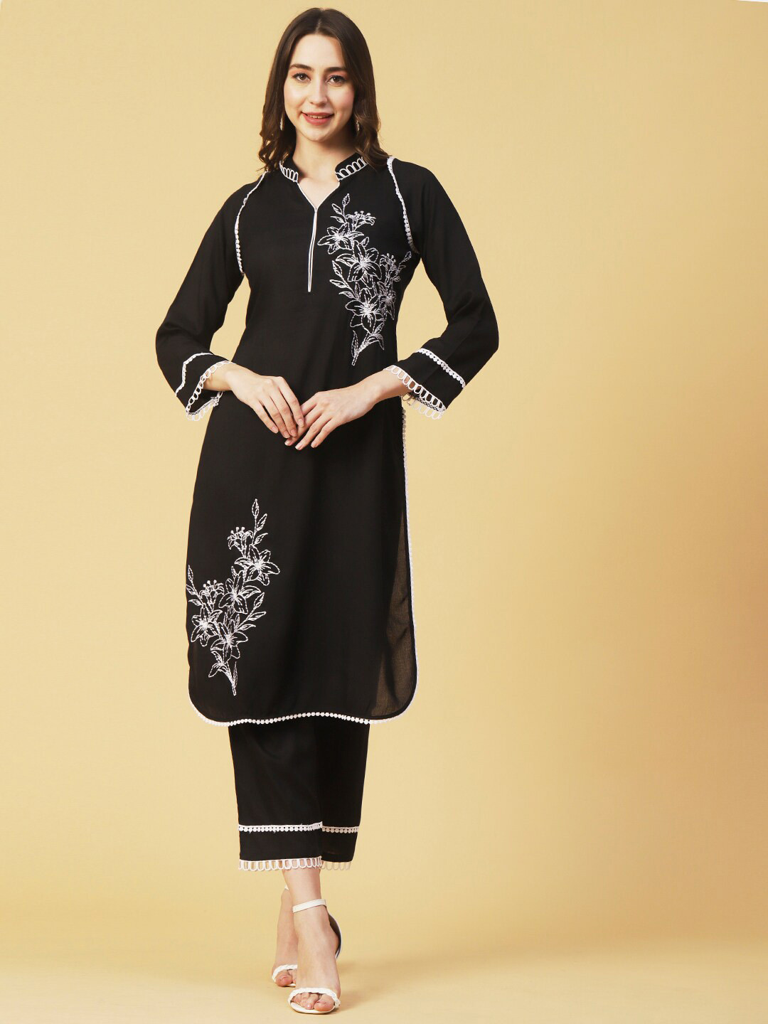FASHOR Black & White Floral Embroidered Curved Kurta with Trousers