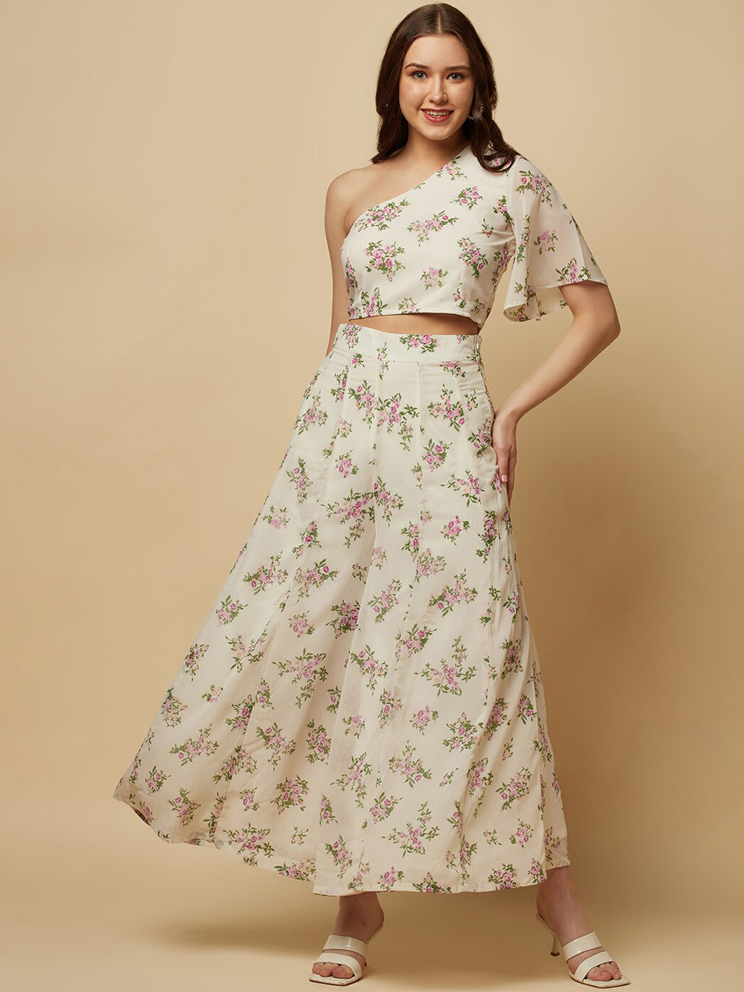 RAASSIO Floral Printed One Shoulder Top With Flared Palazzos