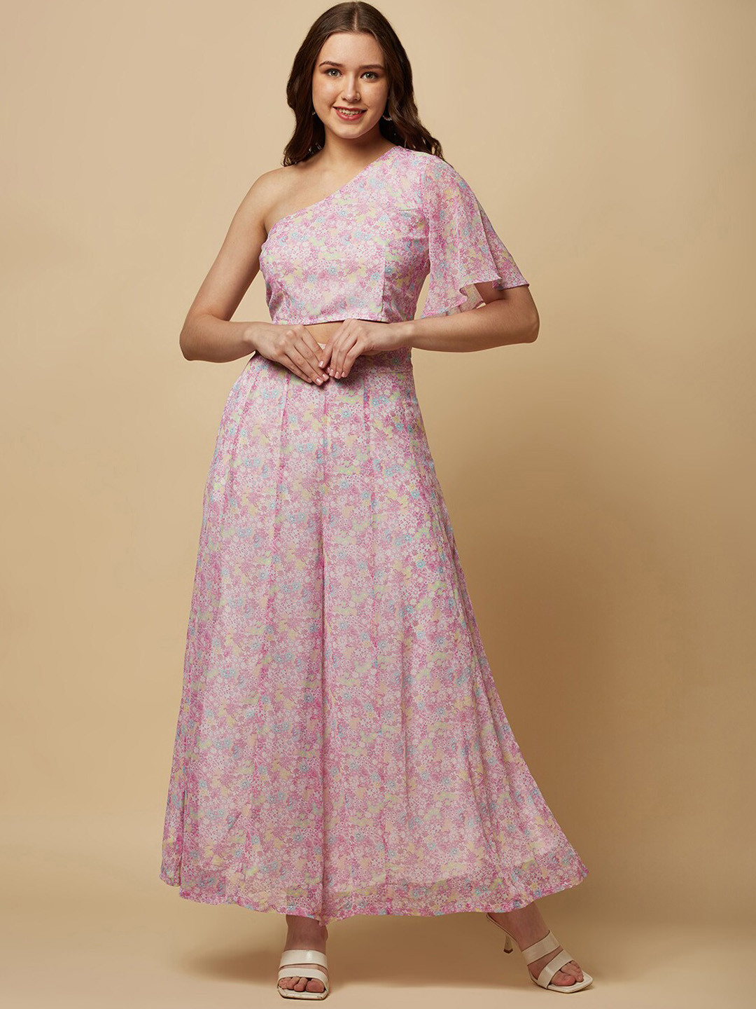 RAASSIO Floral Printed One Shoulder Top With Flared Palazzos