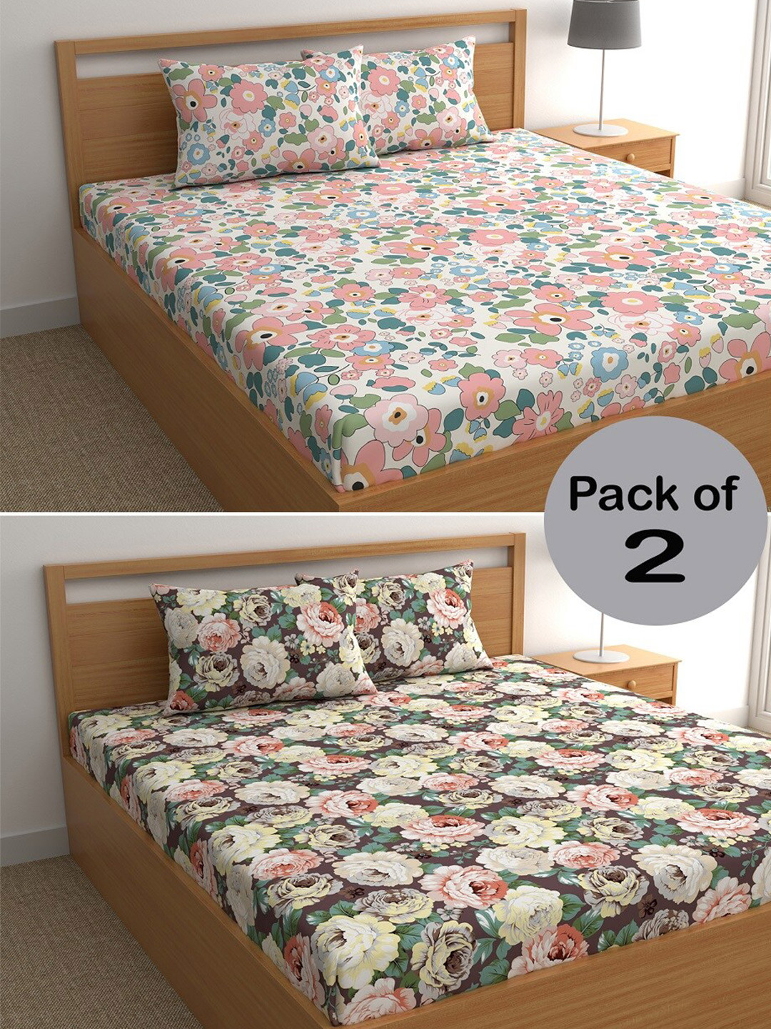 CHHAVI INDIA Pink Floral Polycotton 210 TC Queen Fine 2 Bedsheet with 4 Pillow Covers-225 x 250 cm