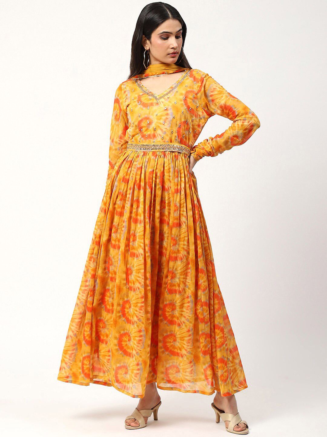 NH KAPDEWALA Dyed Sequinned Belted Fit & Flare Cotton Ethnic Dress with Dupatta
