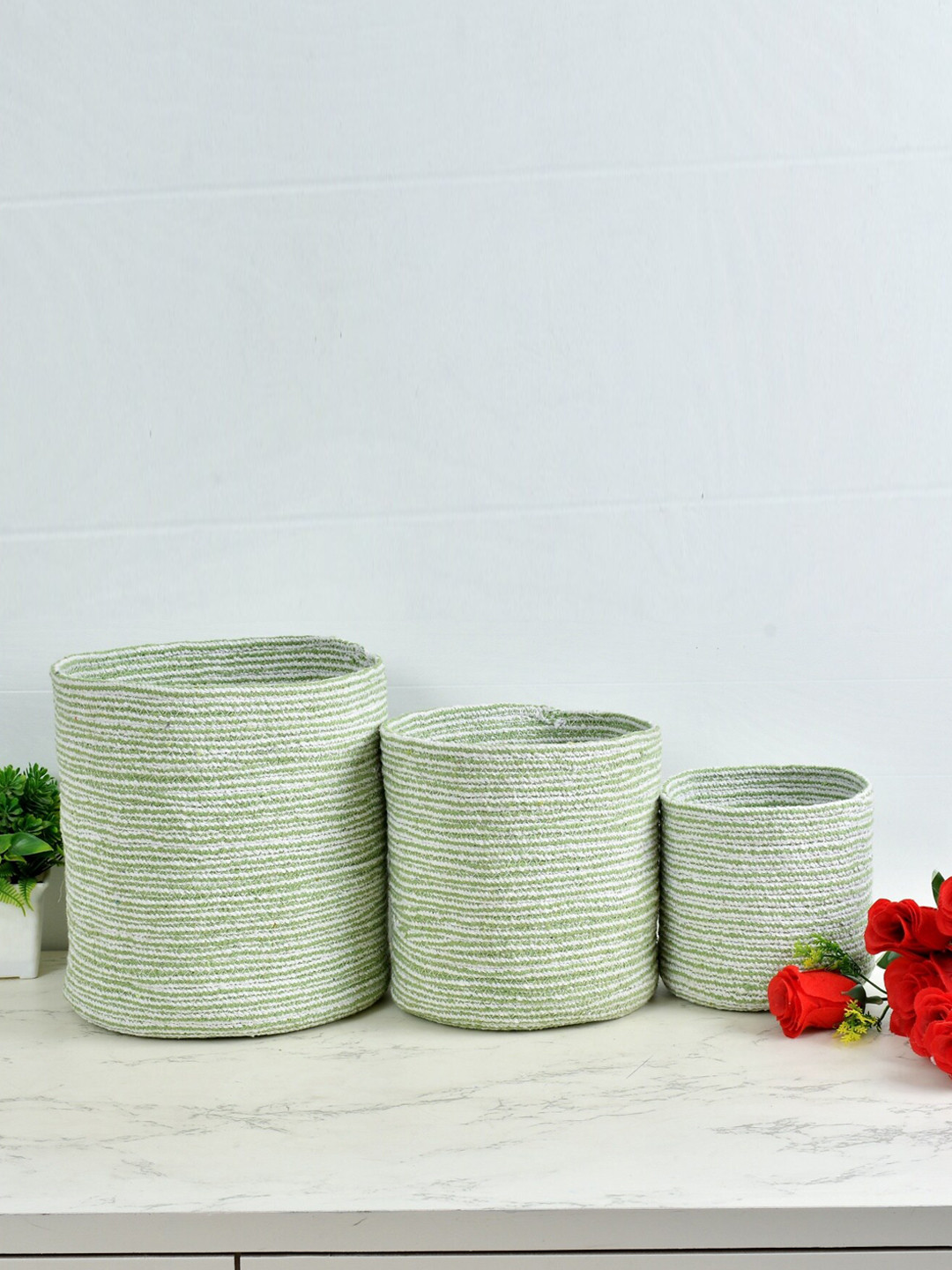 Homefab India Green & White 3 Pieces Braided Woven Design Cotton Planter Baskets