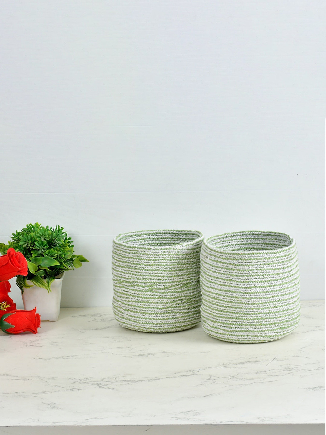 Homefab India Green & White 2 Pieces Braided Woven Design Cotton Planter Baskets