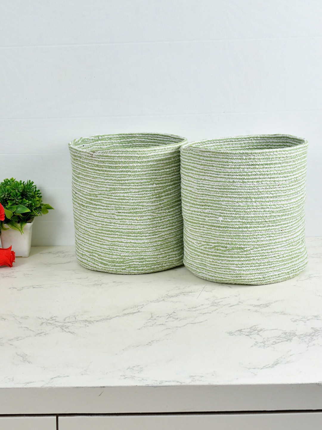 Homefab India Green & White 2 Pieces Braided Woven Cotton Planter Baskets