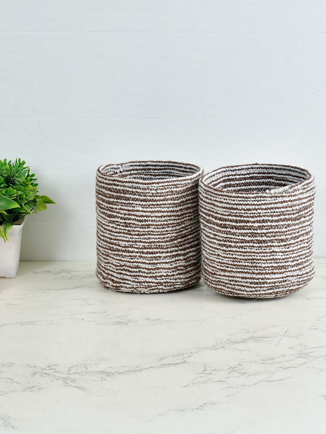 Homefab India Brown & White 2 Pieces Braided Woven Design Cotton Planter Baskets