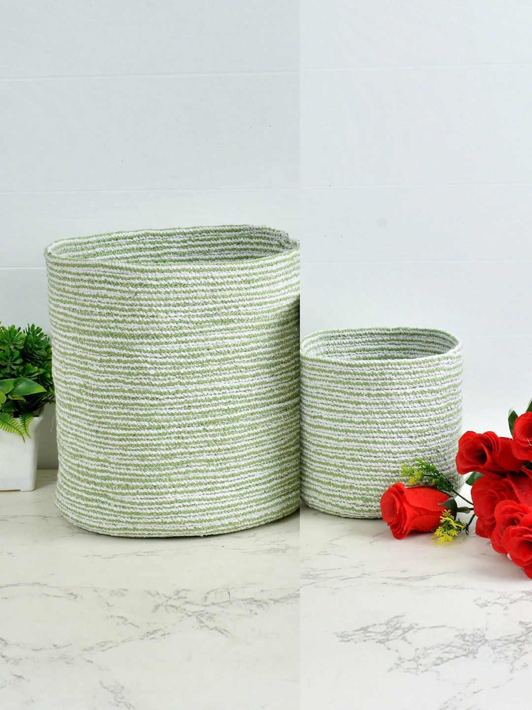 Homefab India 2-Pieces Green & White Braided Woven Design Cotton Planter Baskets