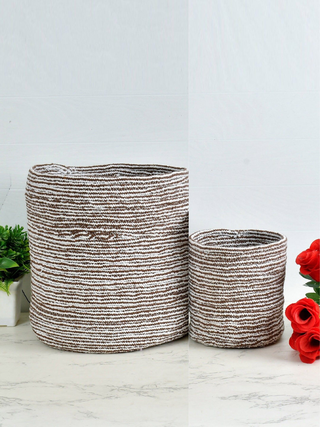 Homefab India 2-Pieces Brown & White Braided Woven Design Cotton Planter Baskets