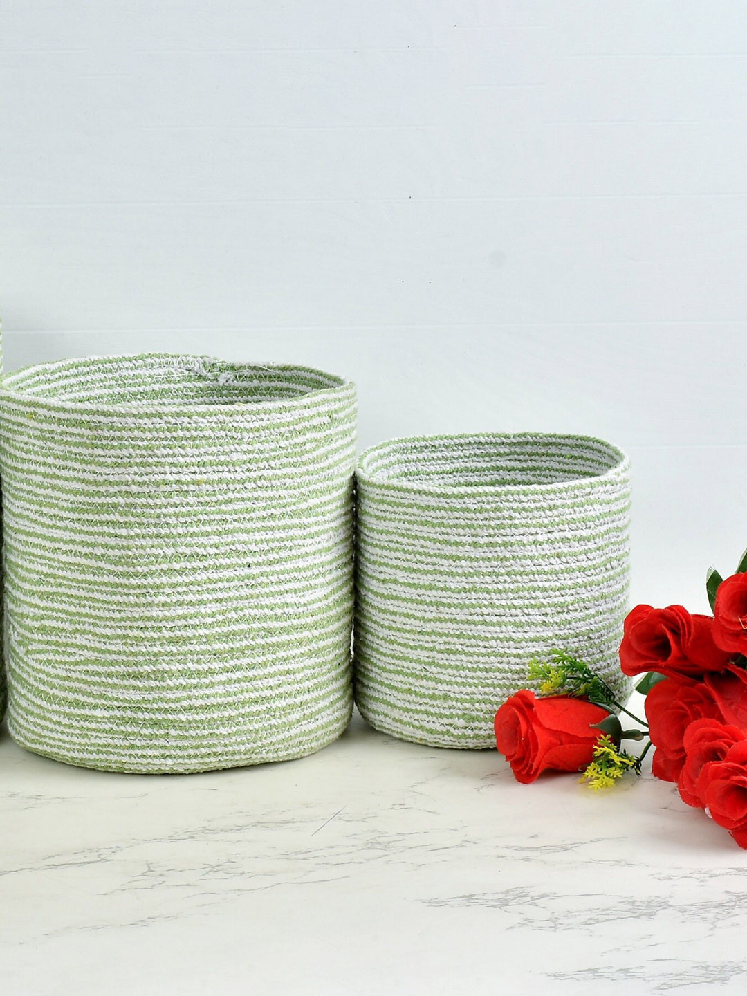 Homefab India 2-Pieces Green & White Braided Woven Design Cotton Planter Baskets