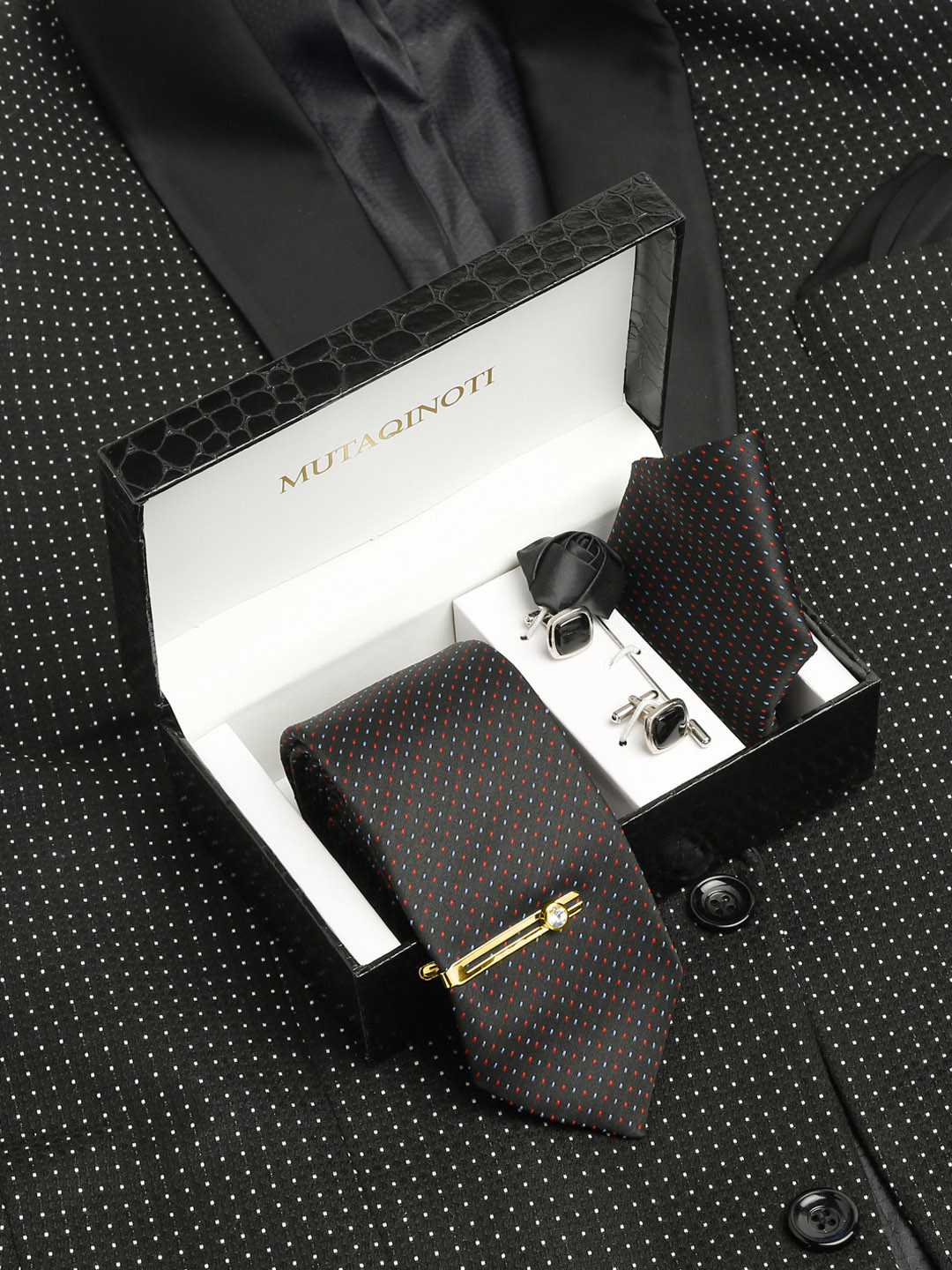 MUTAQINOTI Men Micro Geometric Textured Silk Necktie Accessory Gift Set