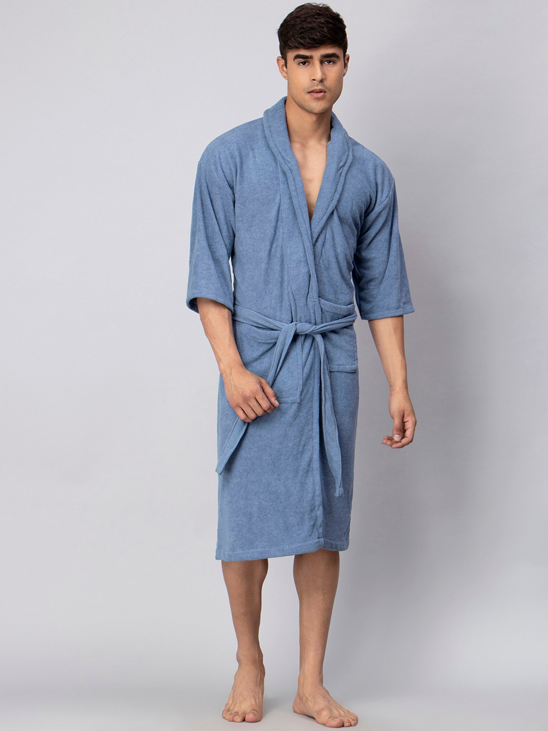 HotGown Double Blue Solid Cotton Drawstring Midi Bath Robe-M