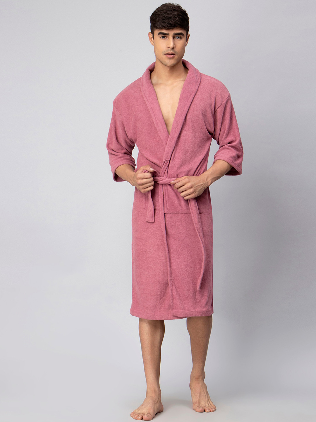 HotGown Double Peach Solid Cotton Drawstring Midi Bath Robe-M