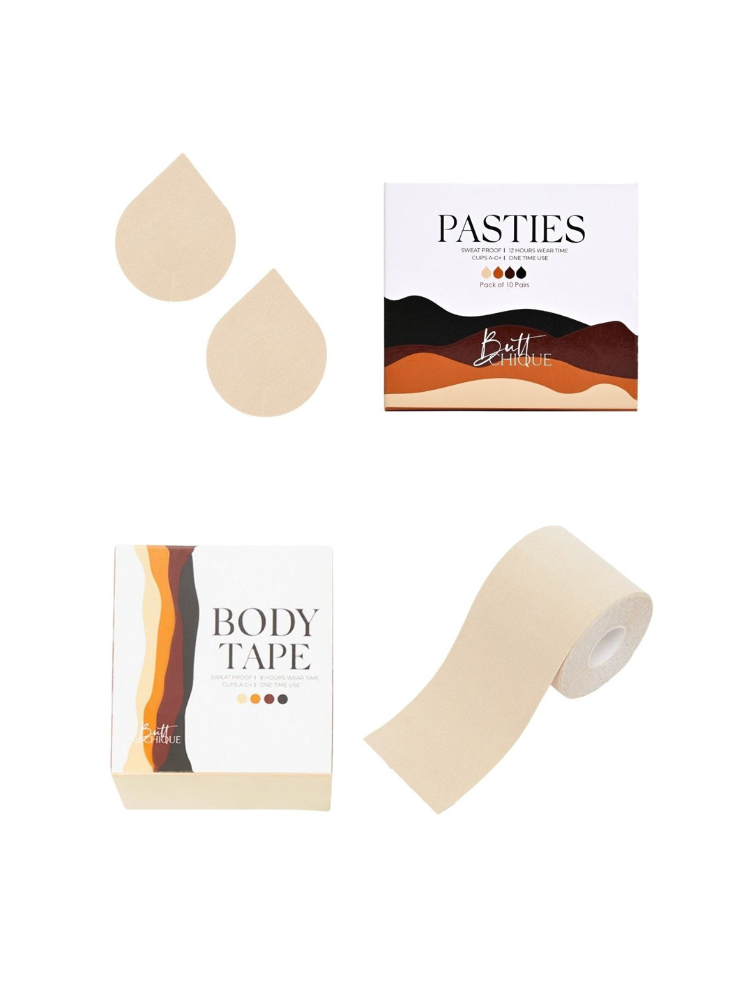 Butt-Chique Set Of 10 Nude Coloured Solid Sweat Proof Cotton Nipple Pasties & 1 Body Tape
