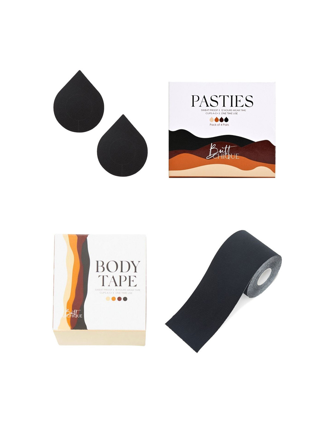 Butt-Chique Set Of 4 Black Solid Sweat Proof Cotton Nipple Pasties & 1 Body Tape