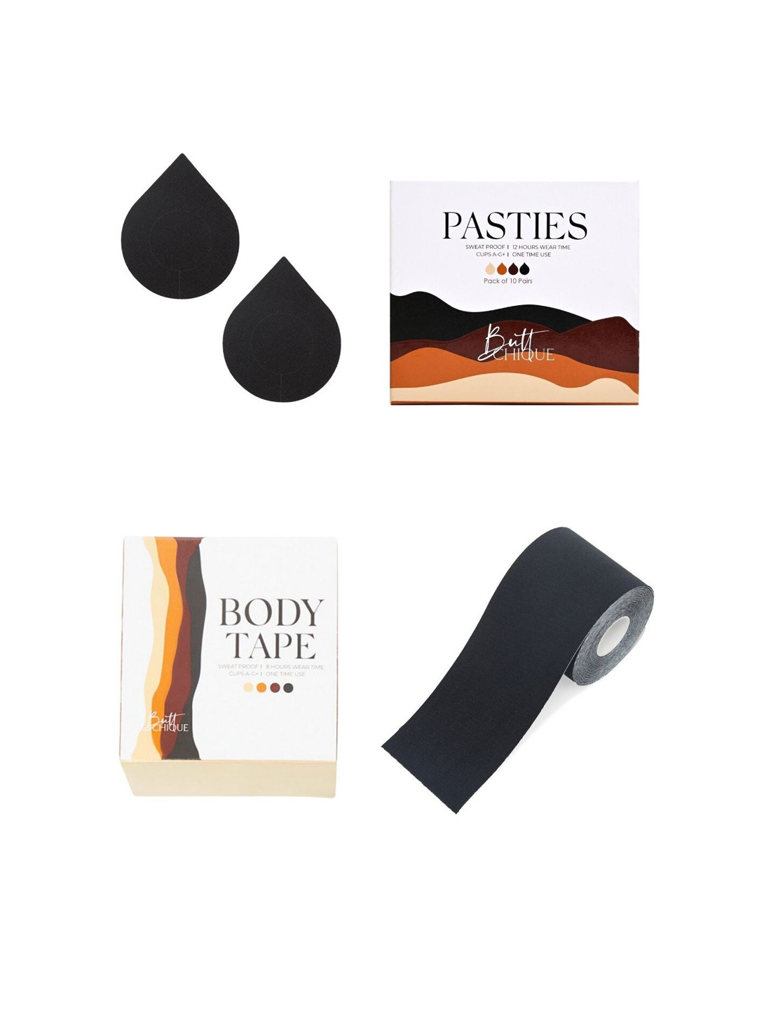 Butt-Chique Set Of 10 Black Solid Sweat Proof Cotton Nipple Pasties & 1 Body Tape
