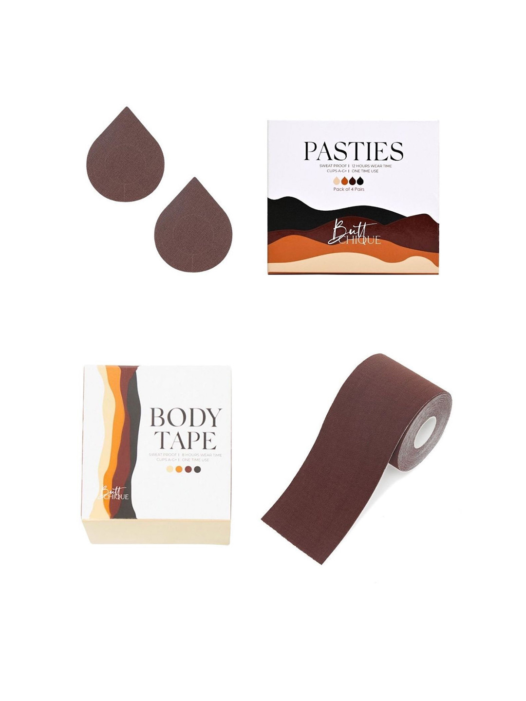 Butt-Chique Set Of 4 Brown Solid Sweat Proof Cotton Nipple Pasties & 1 Body Tape