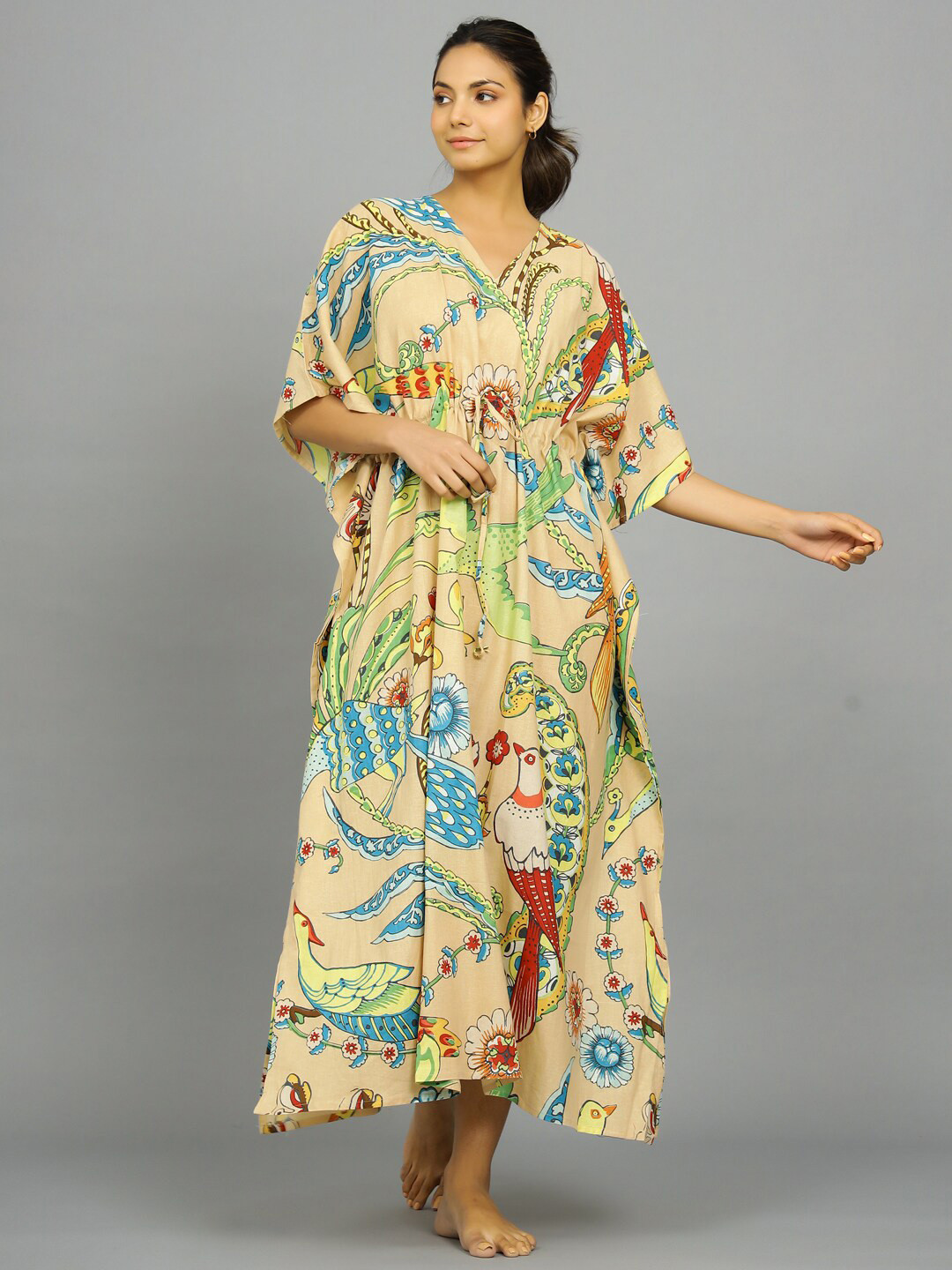 HANDICRAFT PALACE Tropical Printed Pure Cotton Maxi Kaftan Nightdress