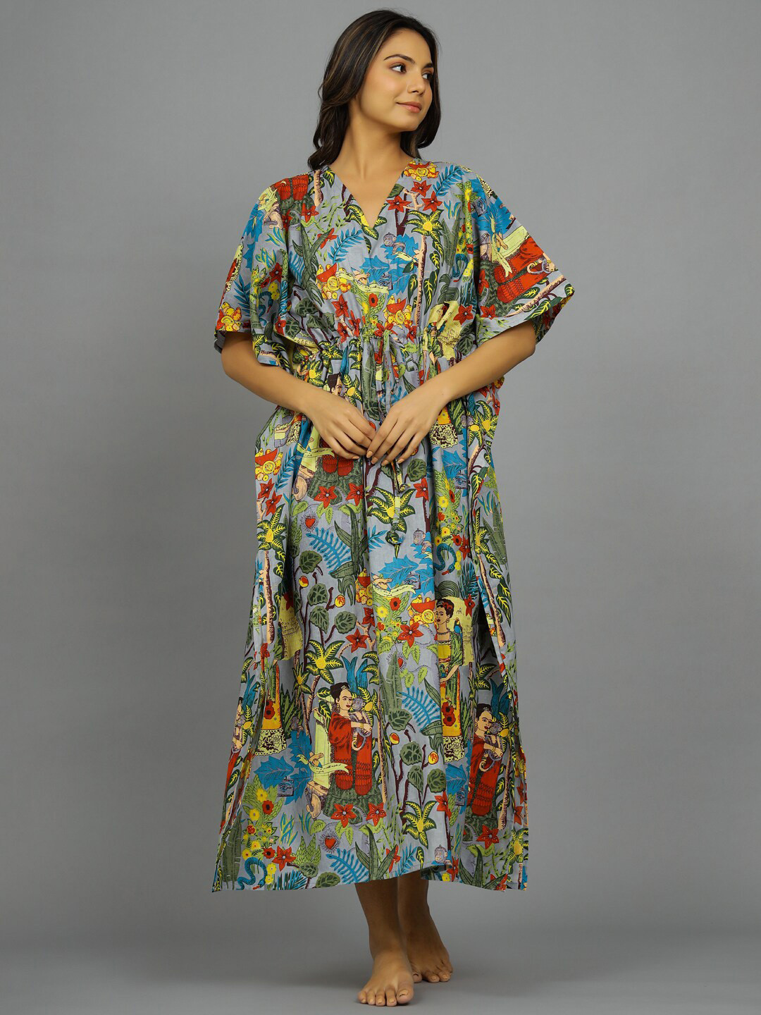 HANDICRAFT PALACE Tropical Printed Pure Cotton Maxi Kaftan Nightdress