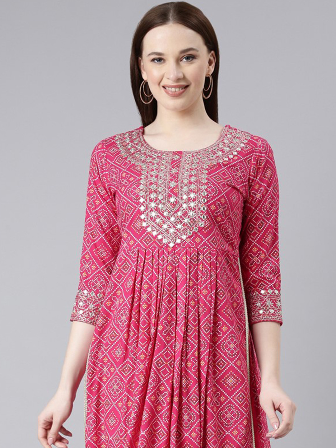 KALINI Bandhani Printed Mirror Work High Slit Kurta With Trousers