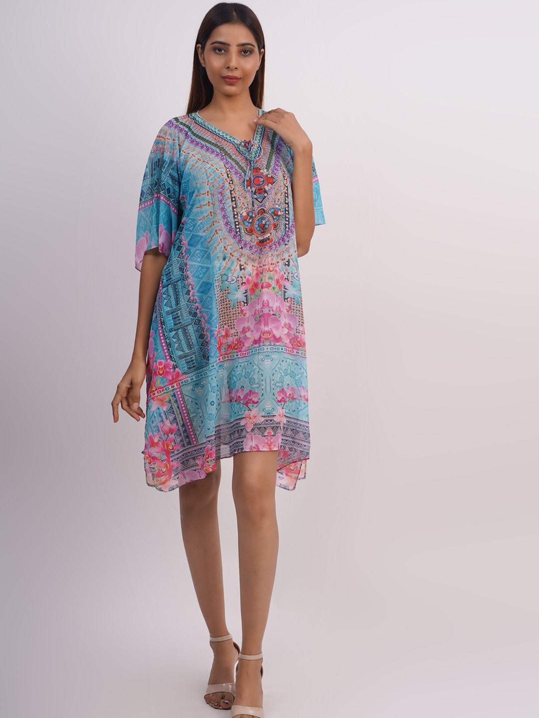 Rajoria Instyle Abstract Printed V-Neck Kaftan Style Coverup Dress