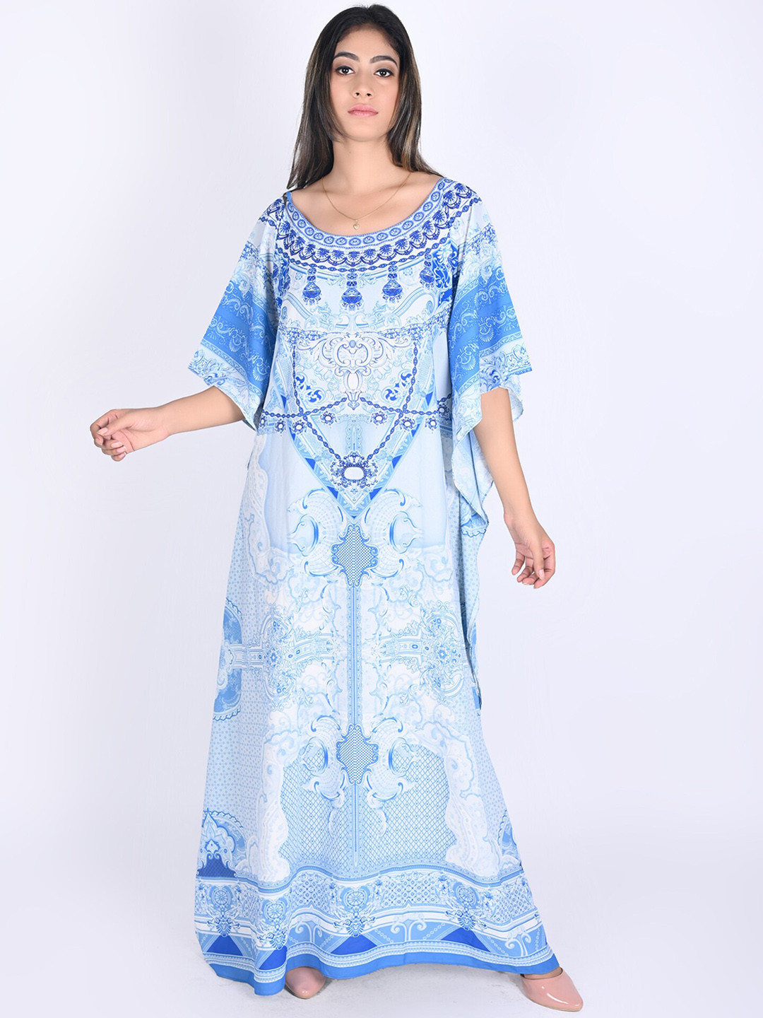 Rajoria Instyle Abstract Printed Round Neck Kaftan Style Coverup Dress