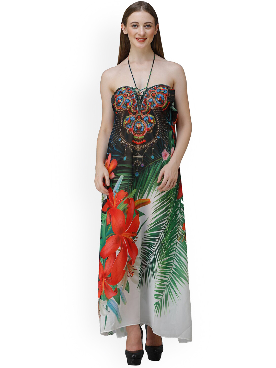 Rajoria Instyle Abstract Printed Halter Neck Kaftan Style Coverup Dress