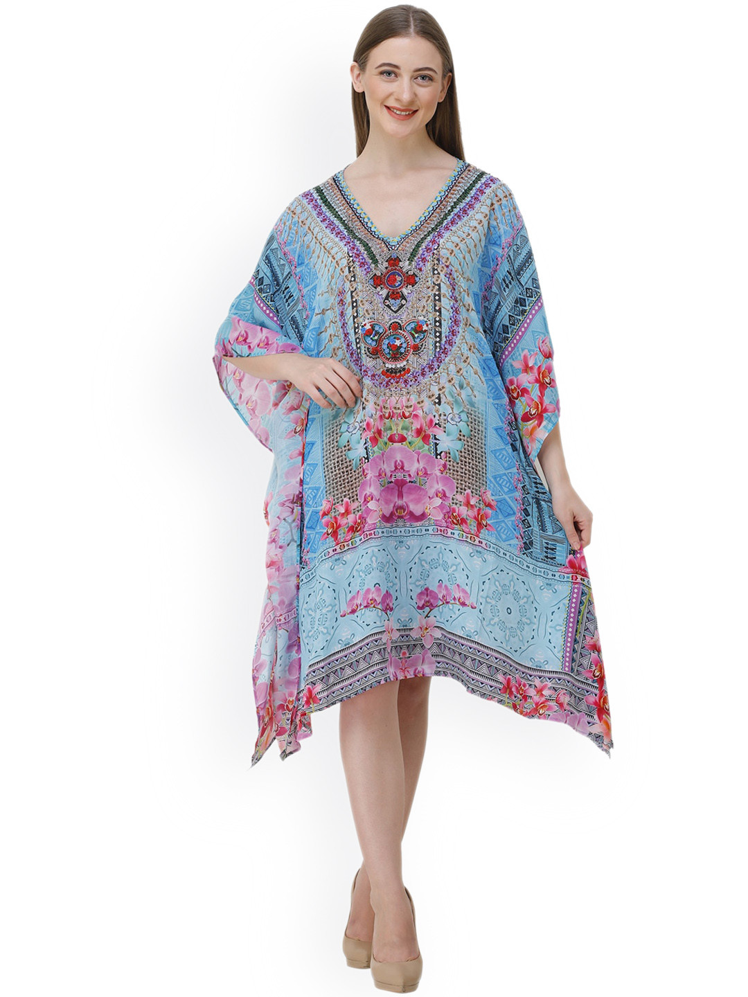 Rajoria Instyle Abstract Printed V-Neck Kaftan Style Coverup Dress