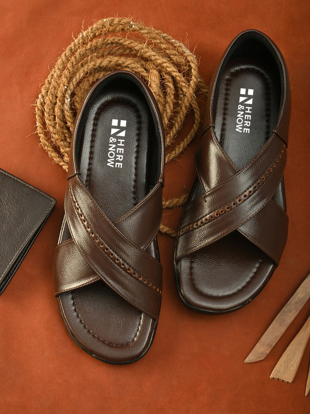 HERE&NOW Men Brown Textured Comfort Sandals