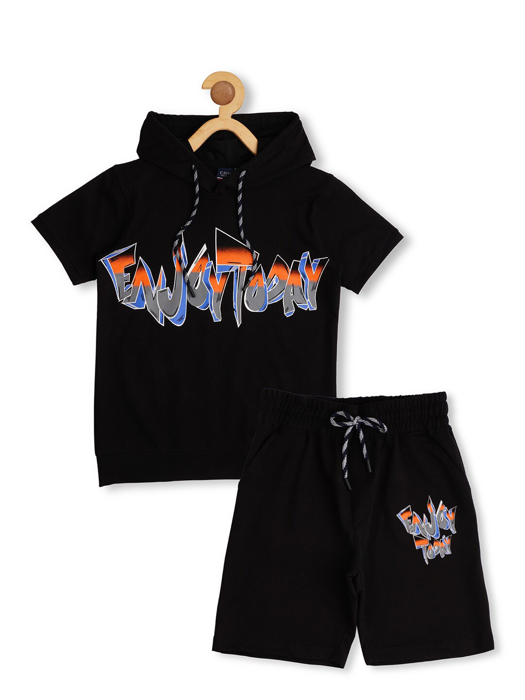 CAVIO Boys Printed Pure Cotton Hooded T-shirt With Shorts