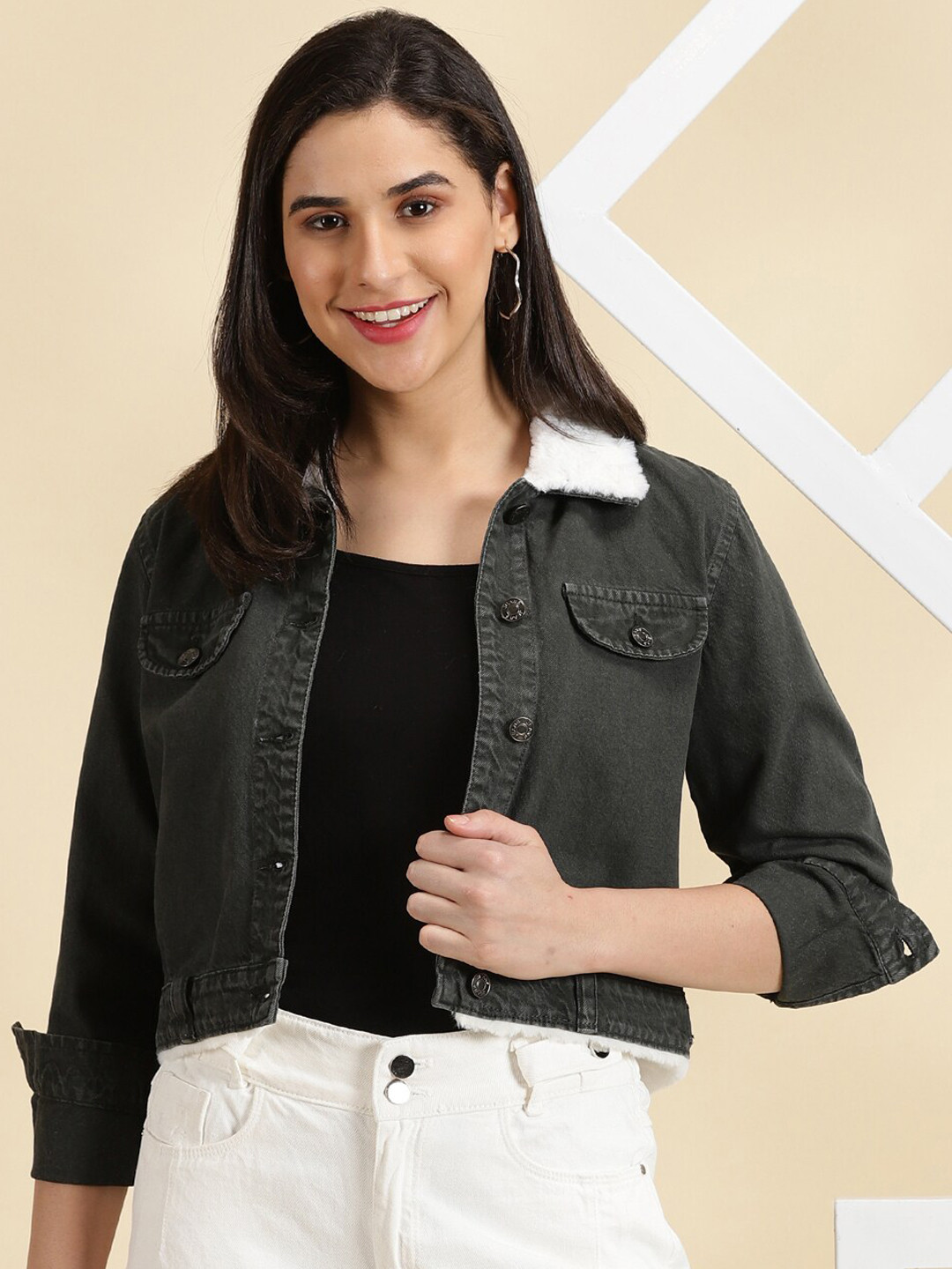 SHOWOFF Washed Crop Denim Jacket With Faux Fur Trim