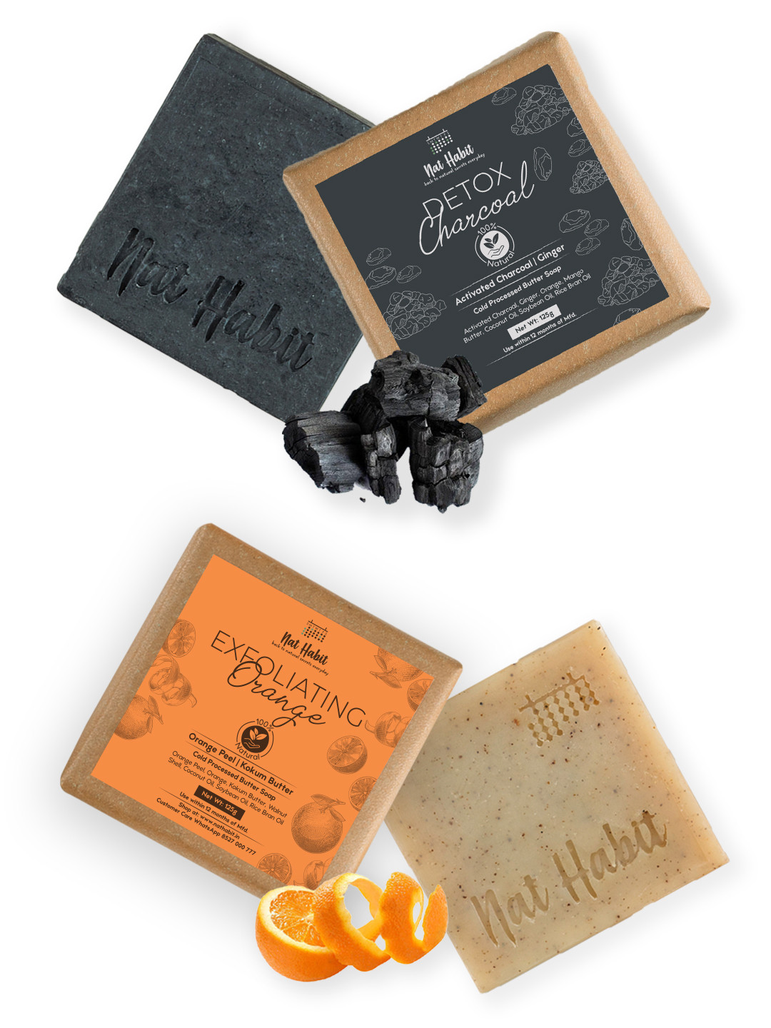 Nat Habit Set of Detox Charcoal  Exfoliating Orange Bath Soaps - 125 g Each