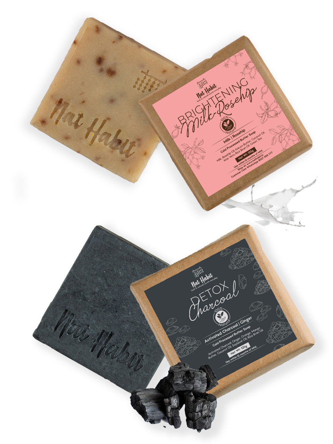 Nat Habit Set of Brightening Milk Rosehip & Detox Charcoal Butter Bath Soaps - 125 g Each