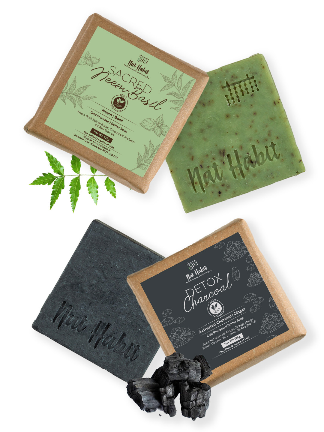Nat Habit Set of Detox Charcoal  Sacred Neem Basil Bath Soaps - 125 g Each
