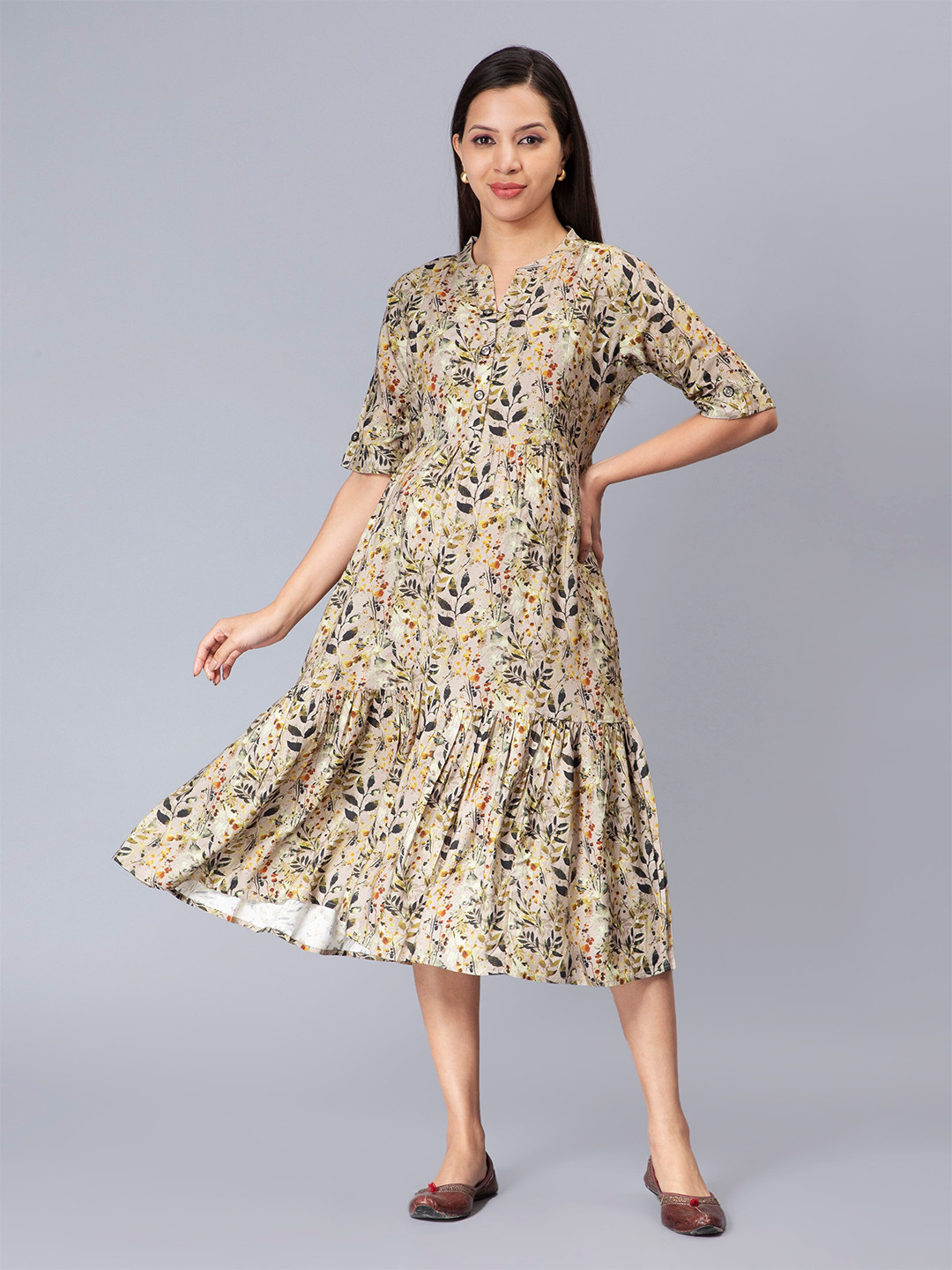 NIGHTSPREE Band Collar Floral Printed Maternity Fit & Flare Dress