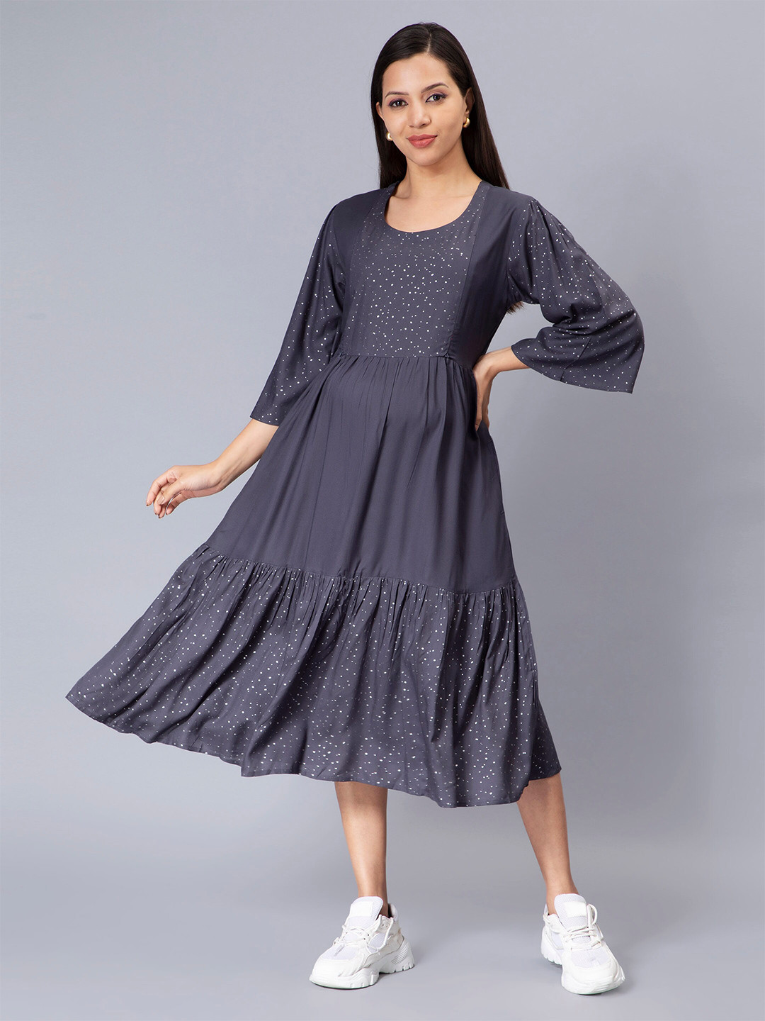 NIGHTSPREE Round Neck Polka Dots Printed Maternity Fit & Flare Dress