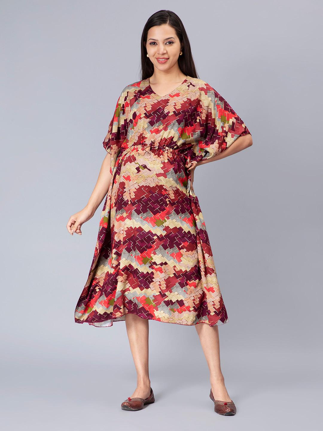 NIGHTSPREE V-Neck Geometric Printed Tie-Up Neck Maternity Kaftan Midi Dress