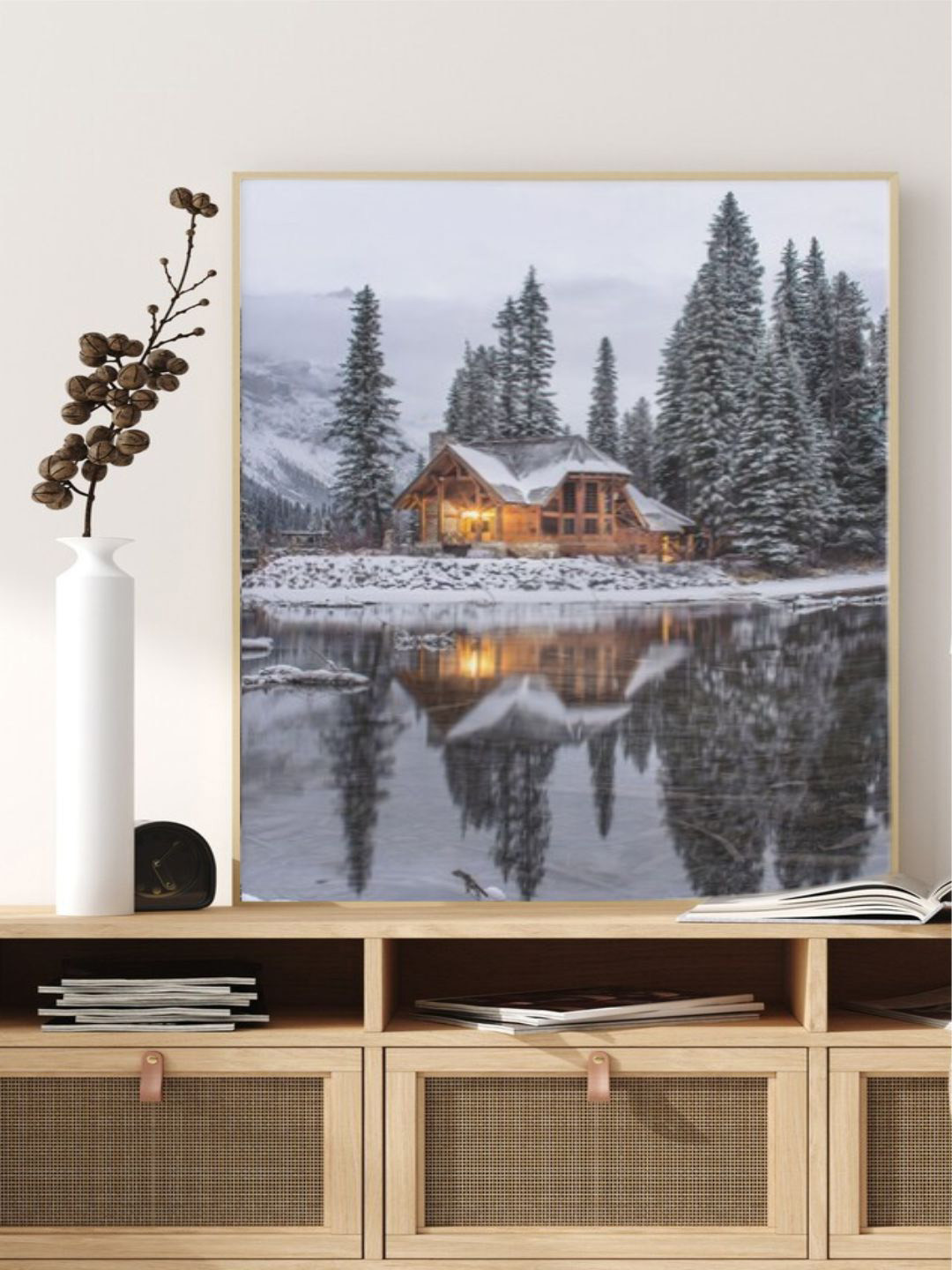 INDIAN CLASSIC ART Grey Winter Cabin Cottage By Lake Wall Art