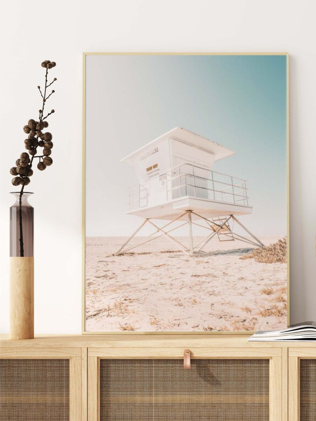 INDIAN CLASSIC ART Beige Life Guard Tower On A Sunny Day Coastal Printed Framed Wall Art