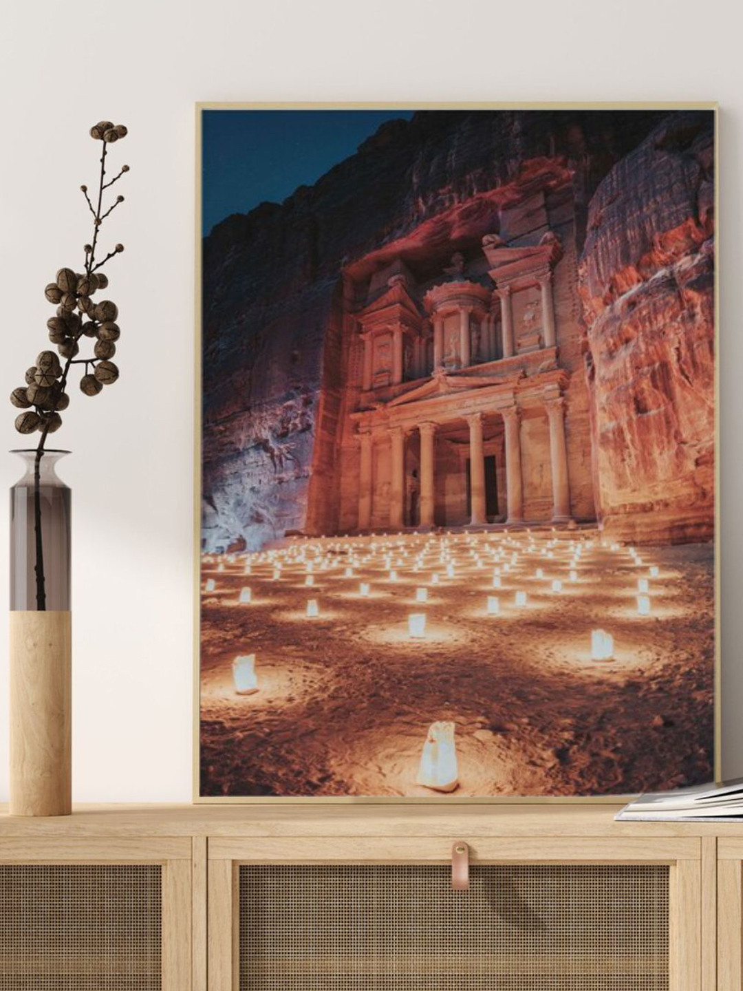 INDIAN CLASSIC ART Beige & Brown Petra At Night Desert Wall Painting