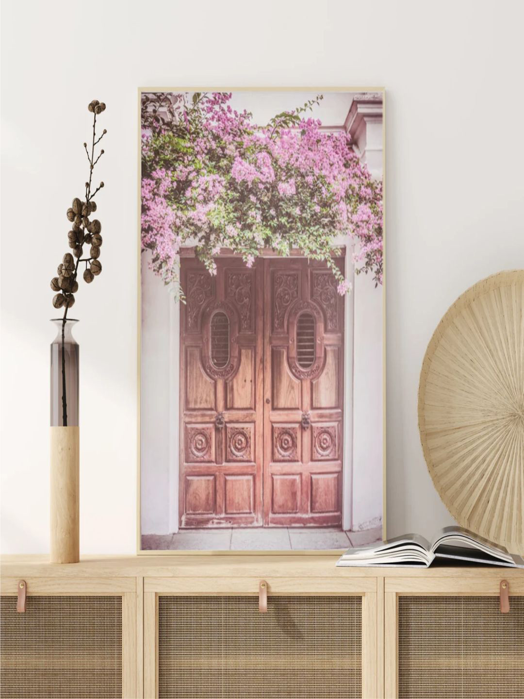 INDIAN CLASSIC ART Pink & Brown Wooden Door with Blooming Bougainvillea Framed Wall Art