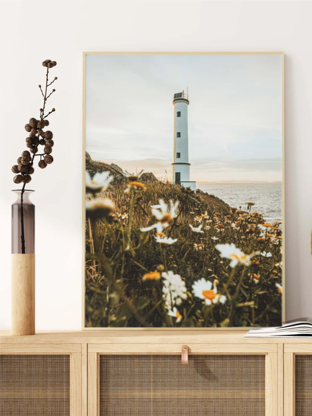 INDIAN CLASSIC ART White & Green Lighthouse With Flowers Coastal Wall Art
