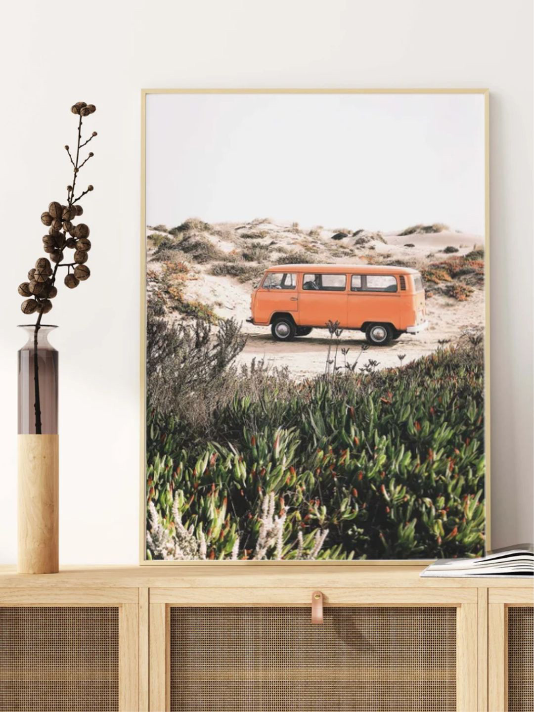 INDIAN CLASSIC ART Orange Coloured & Green Retro Camper Van In The Dunes Painted Wall Art