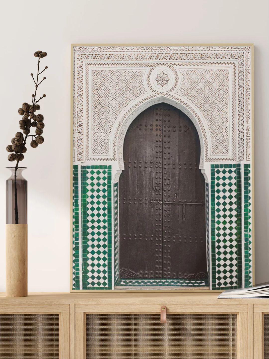 INDIAN CLASSIC ART Green & White Boho Arabic Architecture Painted Wall Art