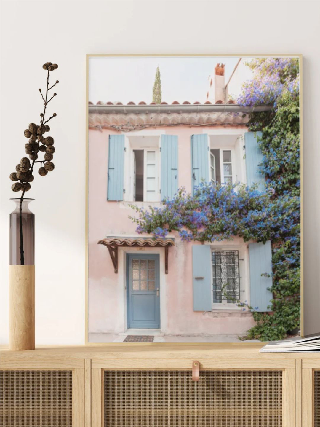 INDIAN CLASSIC ART Beige & Blue Bougainvillea Floral Mediterranean Design Framed Wall Art