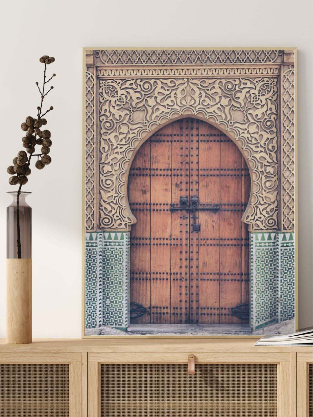 INDIAN CLASSIC ART Beige & Brown Moroccan Door Arabic Architecture Printed Framed Wall Art