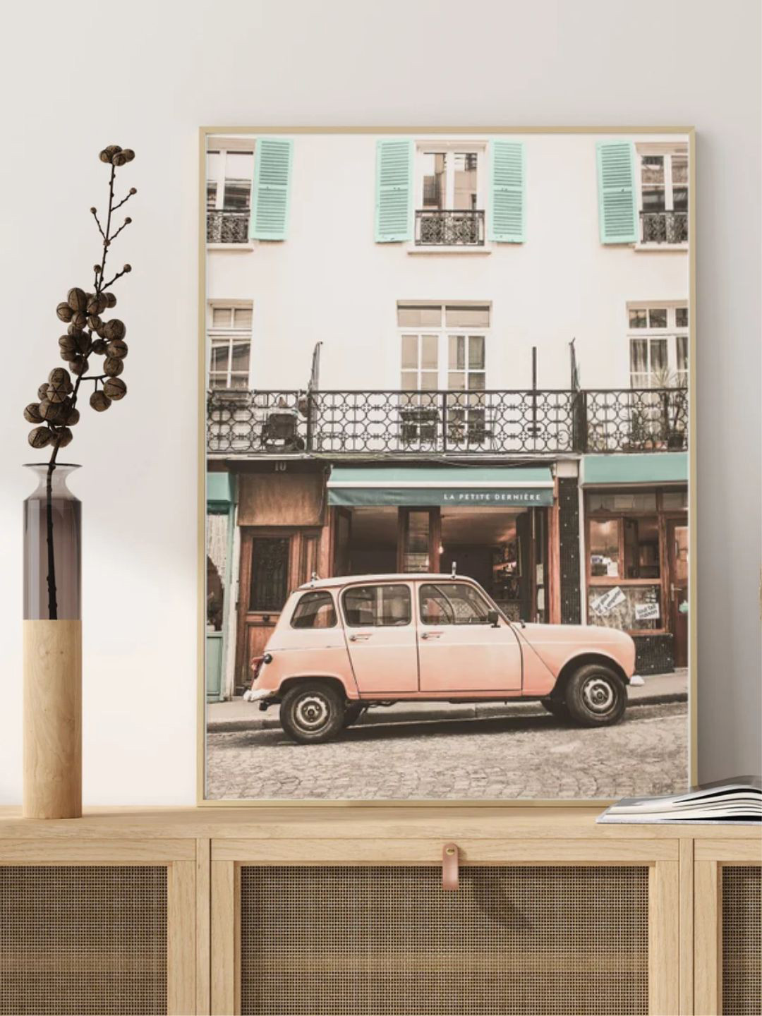 INDIAN CLASSIC ART Peach Coloured & Green Car In Montmartre Painted Wall Art