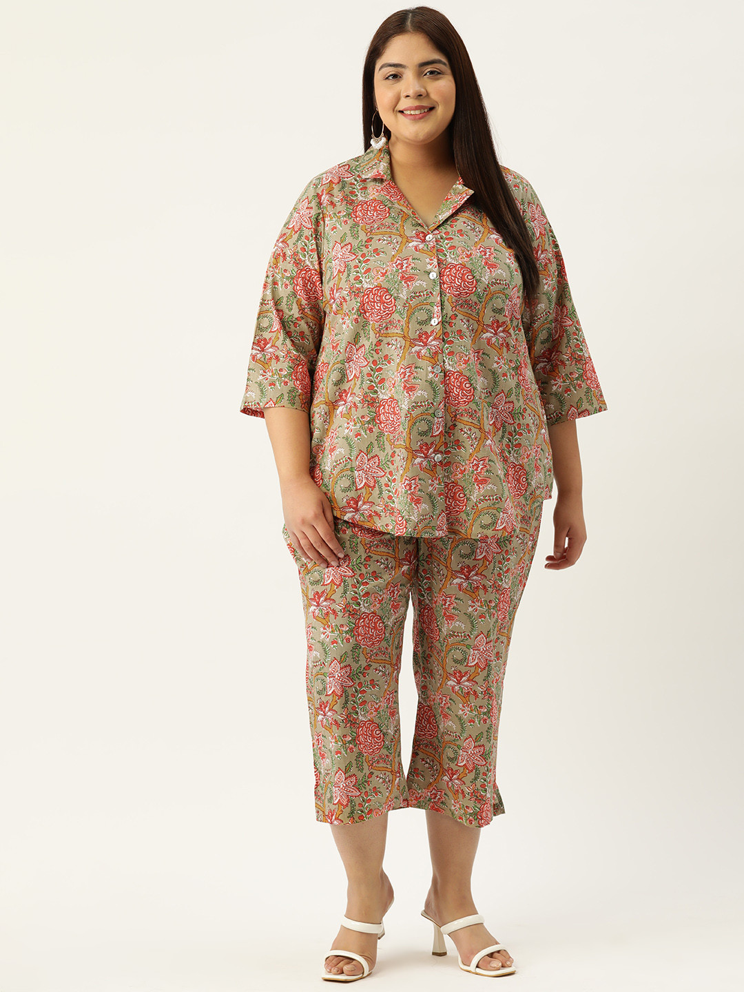 theRebelinme Plus Size Printed Cotton Shirt with Capris