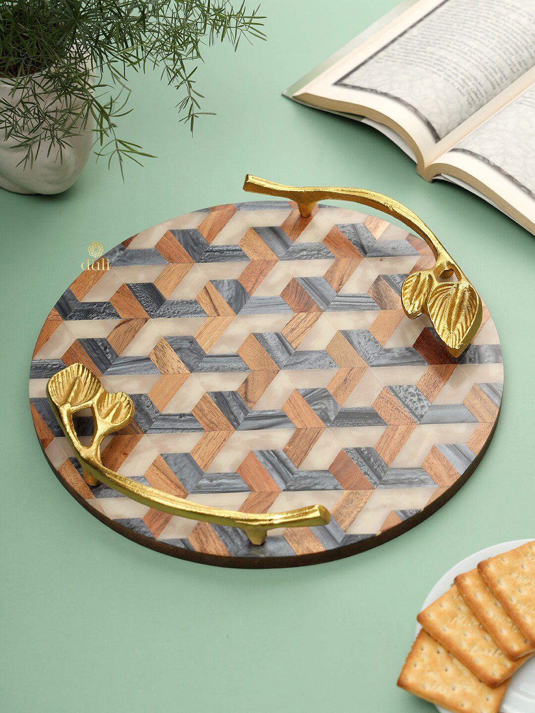 DULI Grey Beige & Golden Printed Serving Tray