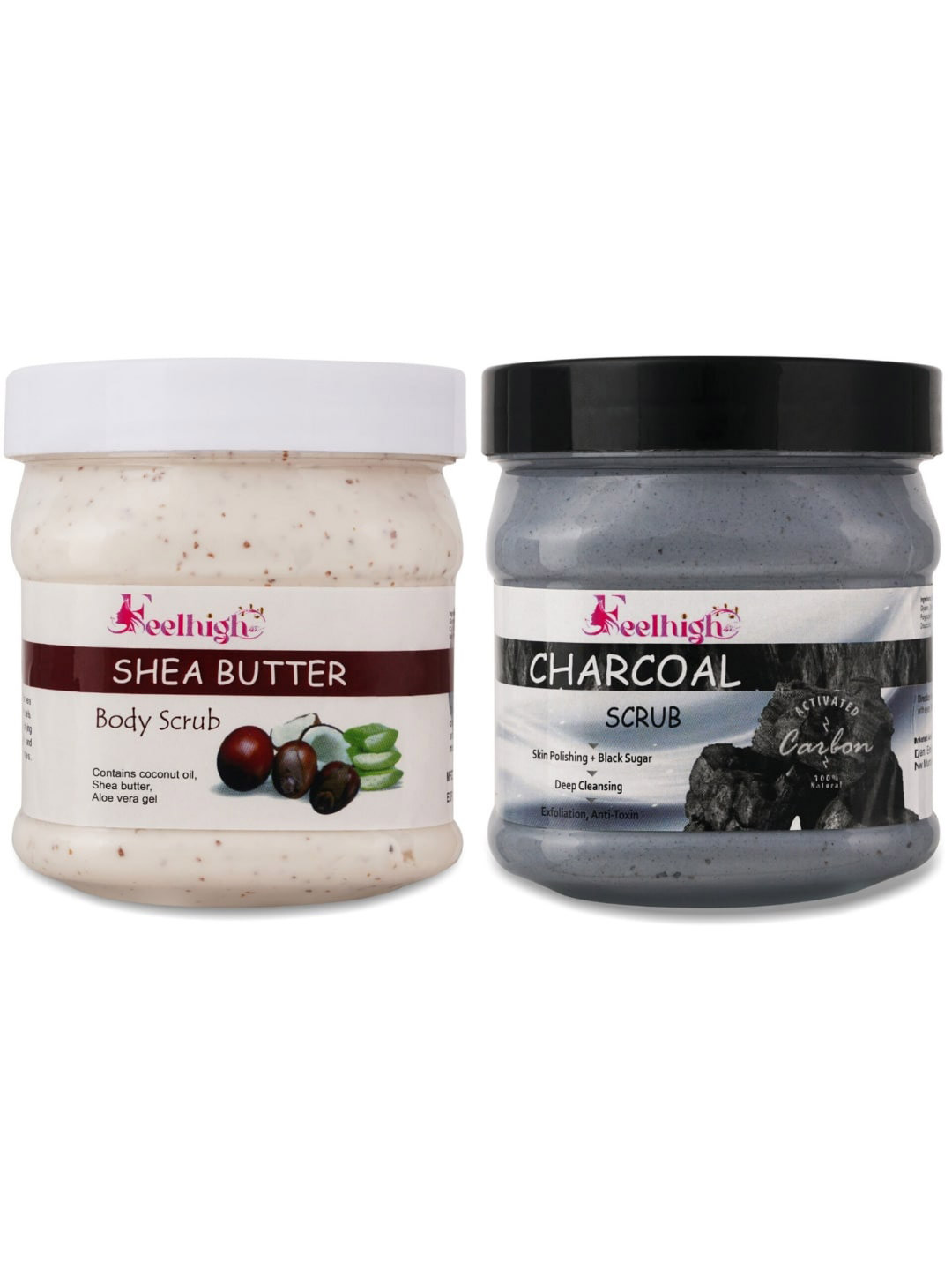 FEELHIGH Set Of 2 Charcoal Scrub & Shea Butter Scrub Face & Body Exfoliators 500 ml Each