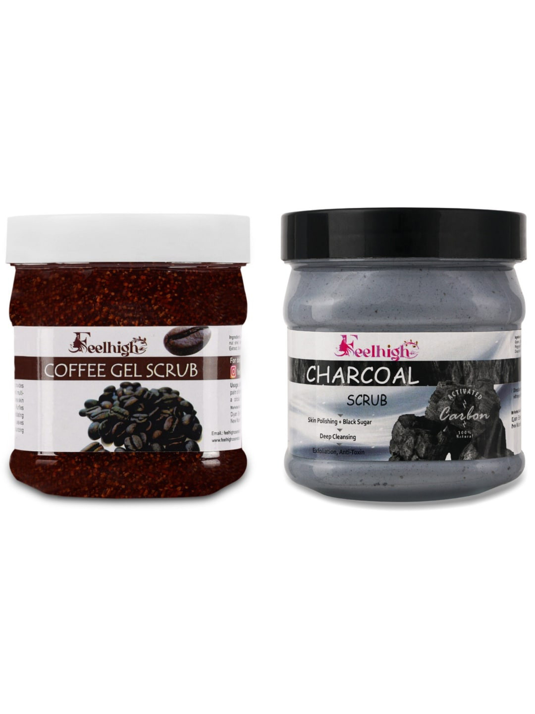 FEELHIGH Set Of 2 Charcoal & Coffee Gel Scrub For Face & Body Exfoliators 500 ml Each