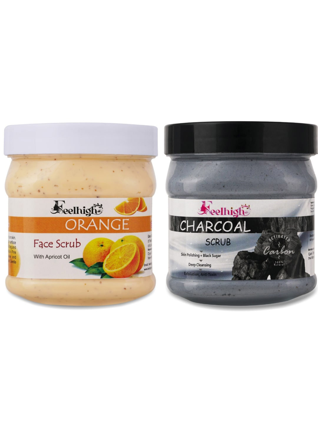 FEELHIGH Set Of 2 Charcoal & Orange Scrub For Face & Body Exfoliators 500 ml Each